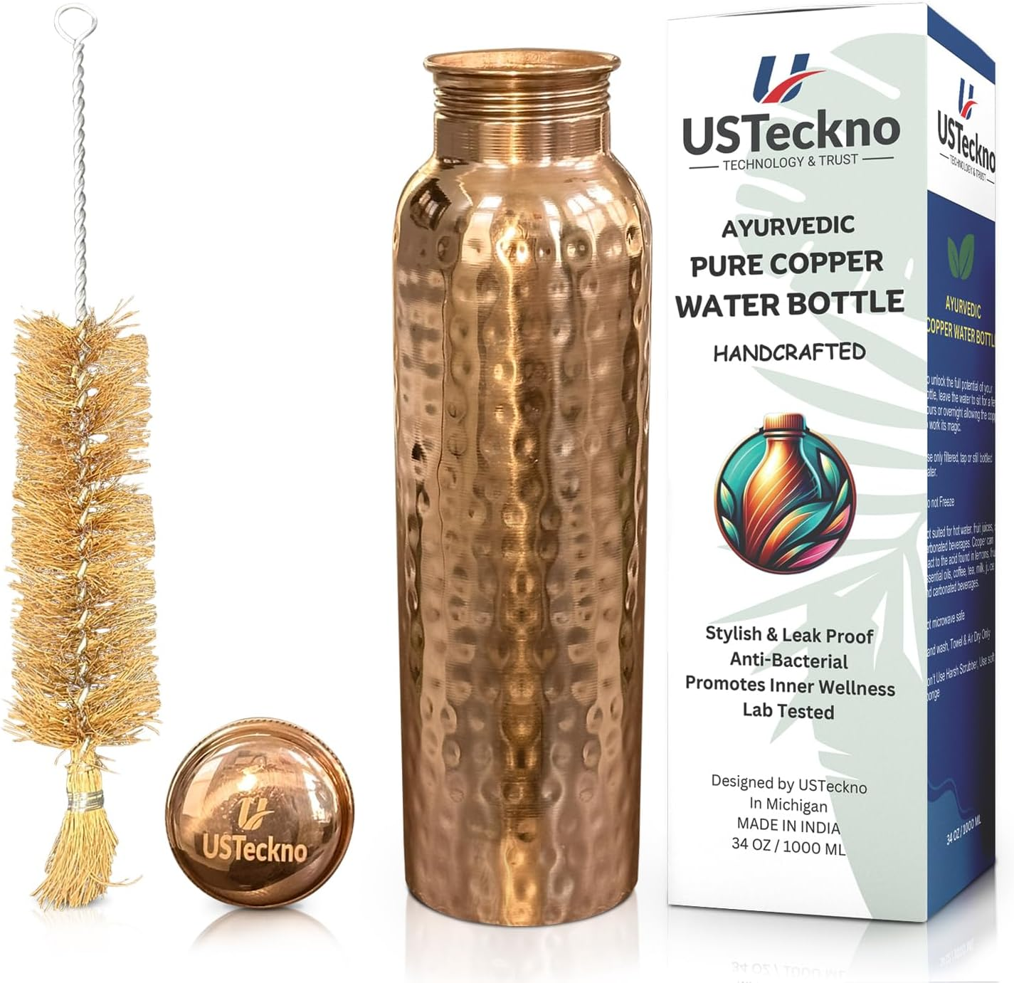 Plain Copper Water Bottle - 34 Oz Extra Large Hammered Ayurvedic Copper Bottle for Travel,Yoga,Gym Lower Your Sugar Intake And Enjoy Health Benefits Immediately. Lab Tested (Hammered Finish) - Image 1