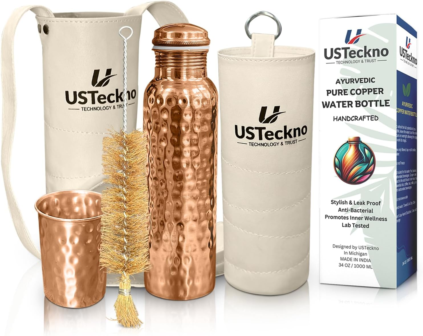 White-Main Ayurvedic Copper Water Bottle w/Tumbler, Carrying Bag & Sleeve| Travel, Yoga, Gym Lower Your Sugar Intake And Enjoy Health Benefits | Lab Tested - Image 1